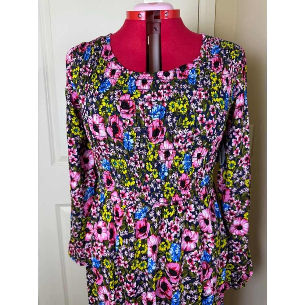 Women's Velvet Torch XL Navy Pink Floral Smocked Long Sleeve Maxi Dress